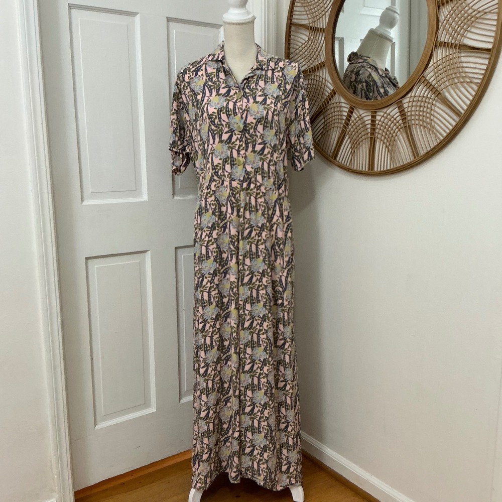 Flax Botanical Flora Maxi Dress L Button Pockets 90s Art Cottagecore Flowy VTG